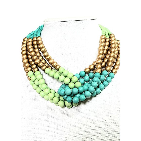Vintage Multi-Strand Beaded Turquoise Gold Lime Green Criss Cross Necklace - Picture 1 of 5